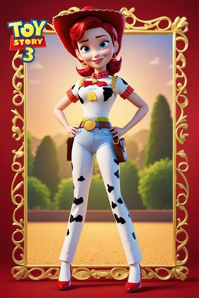 تصویر جسی با لباس گاوچرانی سفید و لکه‌های مشکی در فضای باز و قاب طلایی (عکس پوستر فیلم )