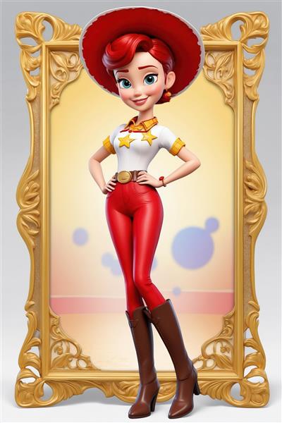 جسی با کلاه و چکمه قرمز در قاب طلایی و پس‌زمینه گرادیان زرد و صورتی (عکس جذاب برای پوستر دیواری)