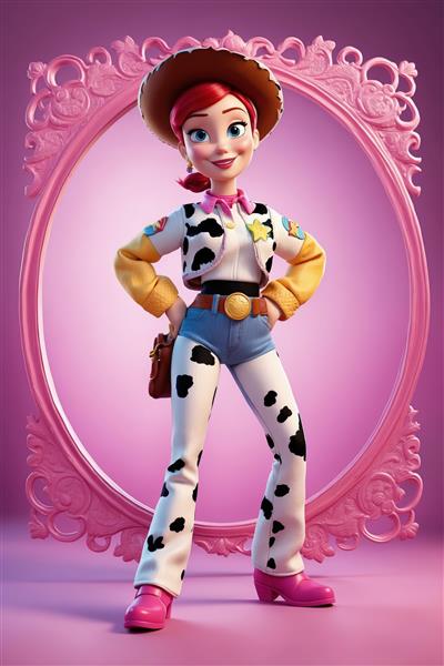 طراحی سه‌بعدی جسی کابوی در لباس اصلی با پس‌زمینه و قاب صورتی روشن (عکس اورجینال برای چاپ عریض)