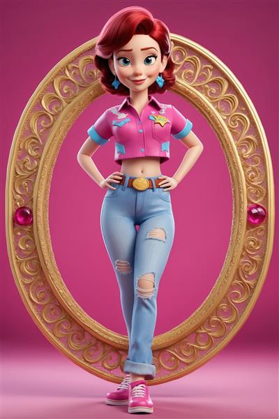 تصویر فانتزی جسی با شلوار جین پاره و بلوز کوتاه صورتی در قاب بیضی (کیفیت بالا برای دکوراسیون دیواری)