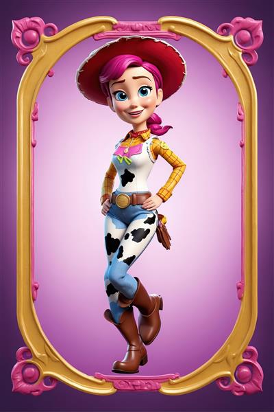 طرح پرتره سه‌بعدی جسی انیمیشن در قاب سلطنتی طلایی و پس‌زمینه بنفش (عکس اورجینال برای چاپ تابلو)