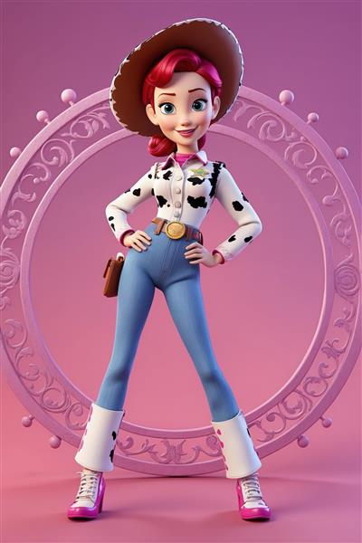 جسی با لباس گاوی و چکمه‌های صورتی (تصویر باکیفیت استودیویی در قاب دایره‌ای صورتی)