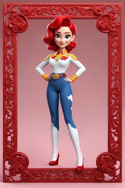 تابلو جسی در شورتک و شلوار گاوی (تصویر چاپ عریض با قاب بیضی طلایی و زمینه قرمز)