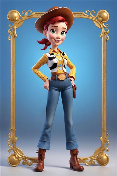 تابلو جسی تمام قد در قاب طلایی (عکس با جزئیات بالا از شخصیت کابوی برای محصولات دکوراتیو)