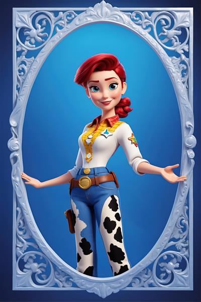 پرتره جسی در قاب بیضی سفید (عکس هنری باکیفیت از کاراکتر انیمیشن با شلوار گاوی)