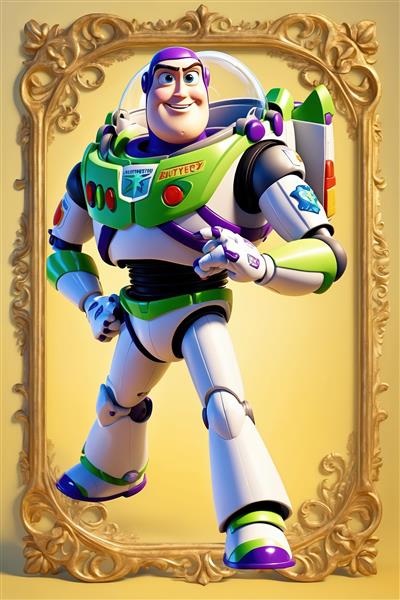 پوستر باز لایتر در قاب طلایی (طرح با وضوح عالی کاراکتر فضایی برای چاپ روی بوم دکوراتیو)