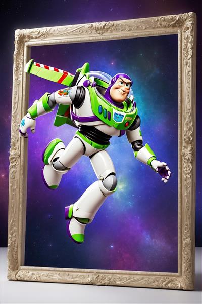 طرح سه بعدی باز لایت‌یر در حال پرواز از داخل قاب مجلل نقره‌ای