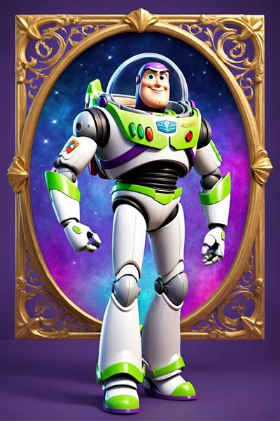 عکس باز لایت‌یر در قاب بیضی طلایی با پس‌زمینه کهکشان و فضای بنفش