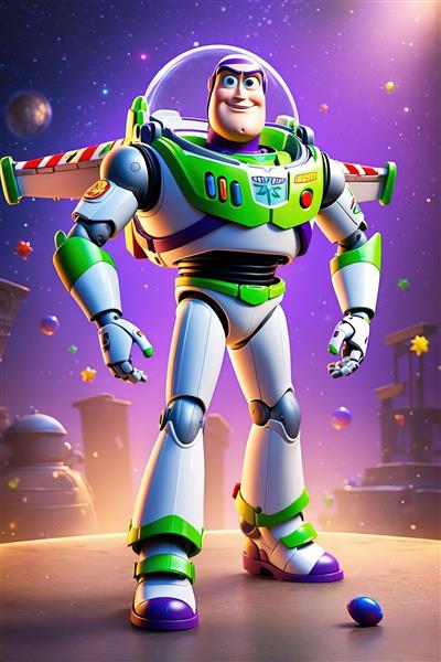 پوستر باز لایت‌یر با بال‌ها در محیط فضایی و کهکشانی با سیاره‌ها