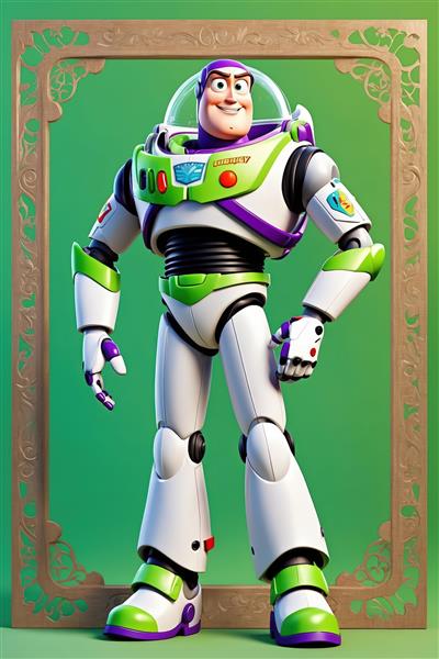 پوستر باز لایت‌یر در حال آماده‌باش با قاب چوبی ساده و پس‌زمینه سبز روشن برای چاپ عریض