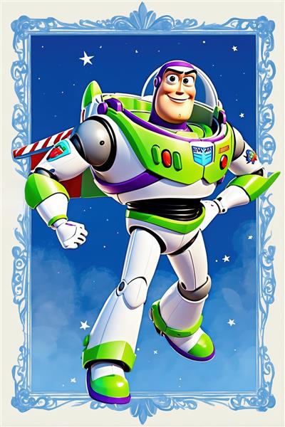 تصویر پرش باز لایت‌یر در فضا، با قاب آبی نقره‌ای و ستاره‌های کارتونی