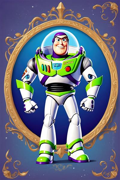 پوستر باکیفیت باز لایت‌یر در لباس فضانوردی داخل قاب دایره‌ای طلایی روی پس‌زمینه آبی تیره