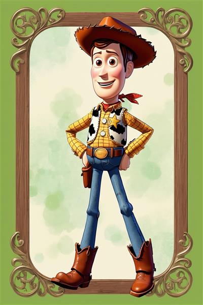 پرتره تمام قد وودی با قاب چوبی کلاسیک روی پس‌زمینه سبز و سفید