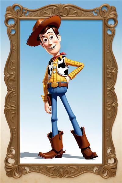 وودی با پاهای کشیده در قاب بزرگ چوبی با پس‌زمینه آسمان آبی مناسب چاپ سایز بزرگ