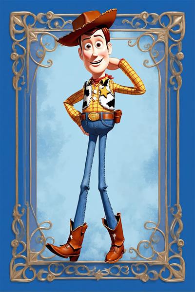 تصویر ایستاده وودی در قاب آبی با جزئیات طلایی برای تابلوهای دکوراتیو عریض