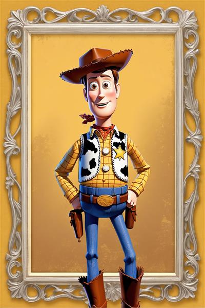 طرح باکیفیت وودی گاوچران در قاب نقره‌ای مجلل روی پس‌زمینه زرد مناسب پوستر کودک