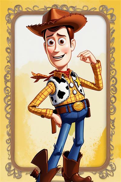 طرح پرتره ایستاده وودی با کلاه و کمربند در قاب طلایی برای چاپ با کیفیت