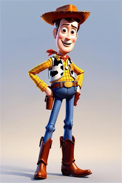 عکس استودیویی با کیفیت از وودی اسباب‌بازی با لباس گاوچرانی برای چاپ دکوراتیو