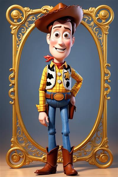 طرح گرافیکی وودی در داخل قاب بیضی طلایی با کیفیت بسیار بالا برای دکوراسیون اتاق کودک