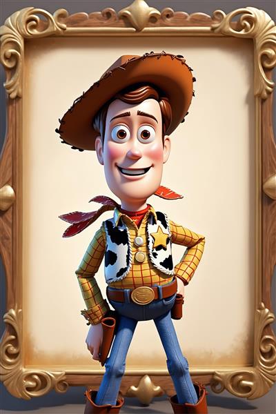 عکس دکوراتیو وودی با کلاه گاوچرانی در قابی فاخر برای تابلو و چاپ عریض