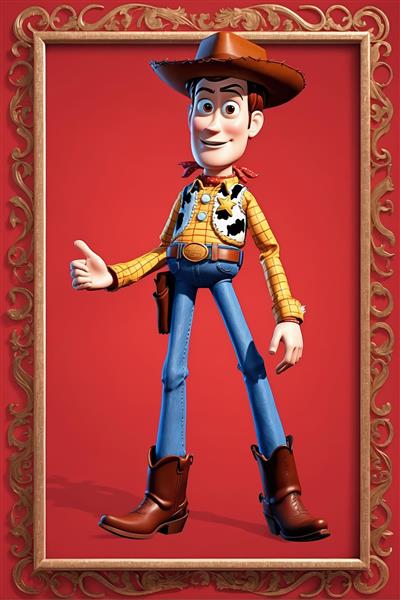 پوستر پرتره با کیفیت وودی کارتونی قهرمان اسباب‌بازی‌ها در قاب طلایی روی پس‌زمینه قرمز