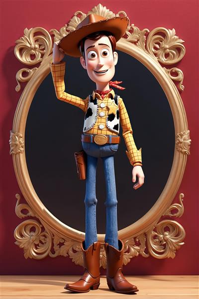 وودی با ژست کلاه برداشتن در مقابل آینه یا قاب طلایی روی دیوار قرمز