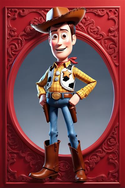 پوستر وودی با قاب قرمز رنگ بیضی شکل با حاشیه‌های برجسته