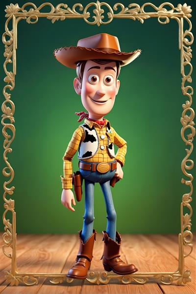 وودی در قاب طلایی طرح‌دار با پس‌زمینه سبز جنگلی و کفپوش چوبی