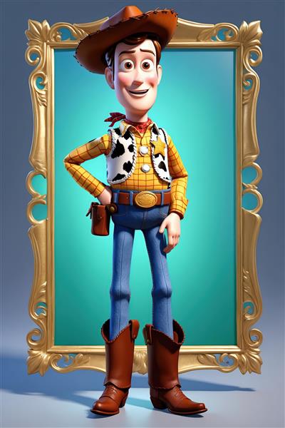 طرح دکوراتیو وودی در قاب مستطیل طلایی روی زمینه فیروزه‌ای