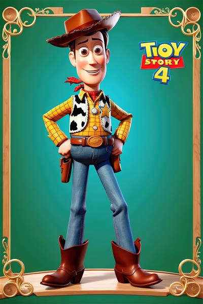 پوستر وودی و لوگوی داستان اسباب‌بازی در قاب طلایی روی استیج