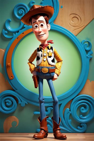 تصویر وودی در پس‌زمینه دکوراتیو آبی فیروزه‌ای و قاب چوبی گرد