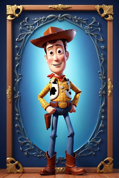 طرح مجلل وودی در قاب بیضی چوبی طلایی و پس‌زمینه آبی سیر