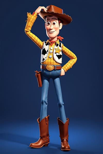 تصویر تمام‌قد وودی با ژست کلاه برداری در پس‌زمینه آبی تیره