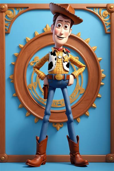 وودی در قاب چوبی گرد روی پس‌زمینه آبی طرحدار طلایی