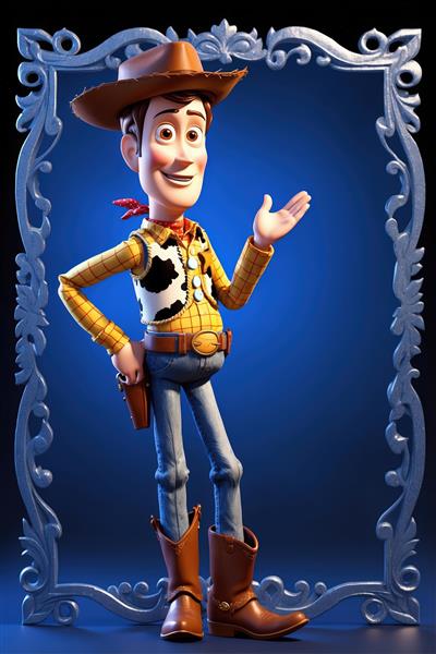 وودی در قاب تزئینی نقره‌ای با پس‌زمینه نورپردازی شده تاریک