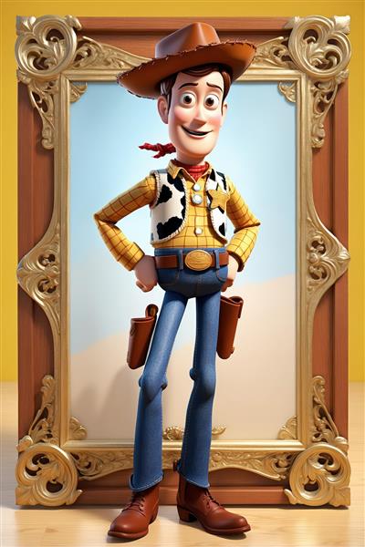 طرح وینتج وودی کابوی در قاب چوبی طلایی با پس‌زمینه آسمان