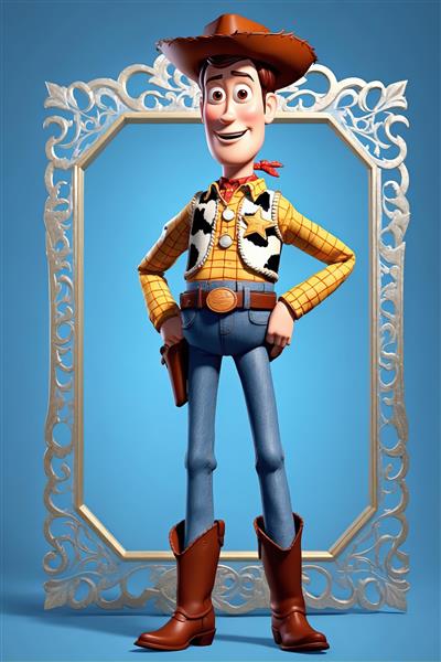 پوستر وودی ایستاده در قاب مستطیلی نقره‌ای روی زمینه آبی