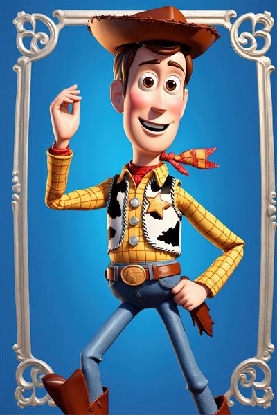 پرتره نزدیک وودی با ژست سلام و قاب نقره‌ای پیچکی