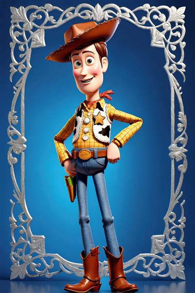 تصویر دکوراتیو وودی در قاب نقره‌ای طرح‌دار با کمر هفت‌تیر