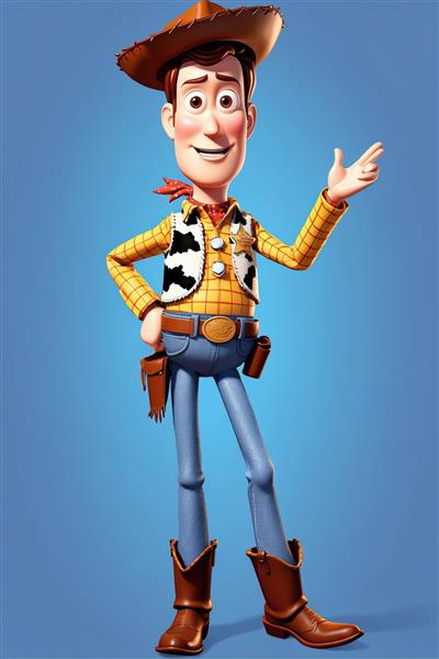 اکشن فیگور وودی با ژست اشاره در پس‌زمینه آبی روشن برای چاپ