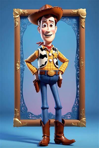 تصویر کامل وودی انیمیشن با قاب تزئینی و پس‌زمینه آبی