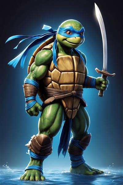 پوستر لئوناردو لاک‌پشت نینجا با شمشیر خمیده ایستاده روی آب