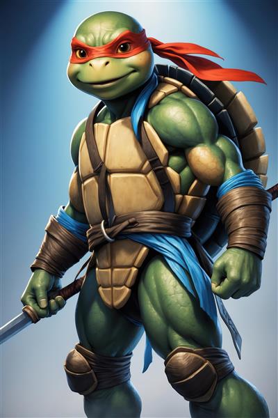 پرتره گرافیکی رافائل لاک‌پشت نینجا با شمشیر و نورپردازی دراماتیک