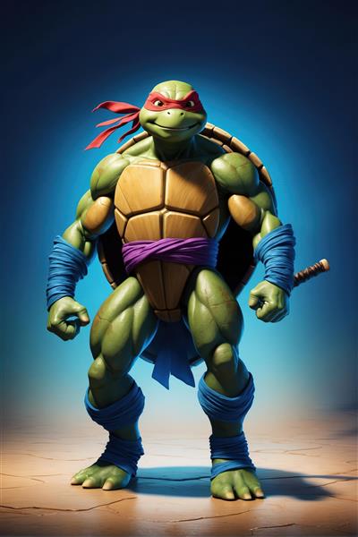 تصویر هنری رافائل لاک‌پشت نینجا با نقاب قرمز و زانو بند آبی