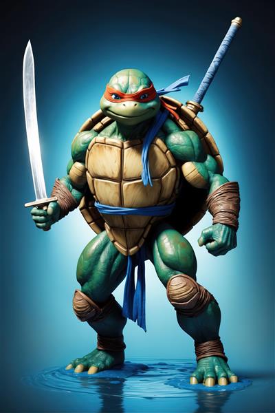 فیگور رافائل لاک‌پشت نینجا با شمشیر سامورایی روی آب