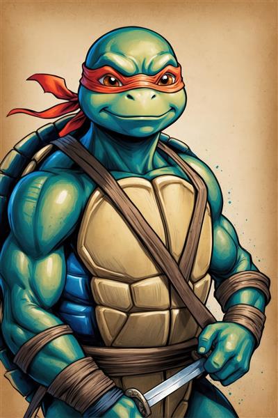 پرتره نزدیک مایکل‌آنجلو لاک‌پشت نینجا با دایسو و نقاب نارنجی