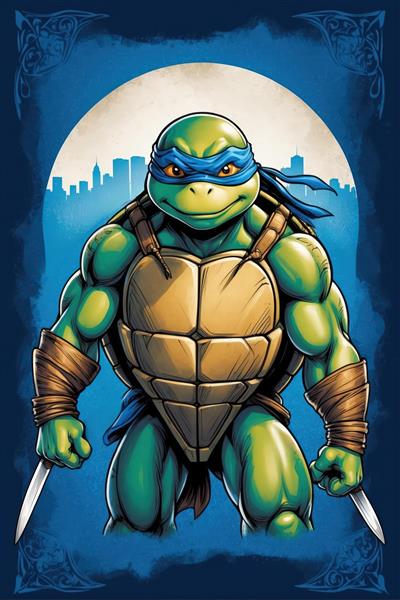 تصویر لئوناردو با دو چاقوی نینجا و پس‌زمینه غروب شهر نیویورک