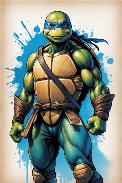 تصویر تمام‌قد لئوناردو لاک‌پشت نینجا با پس‌زمینه اسپلش آبرنگ