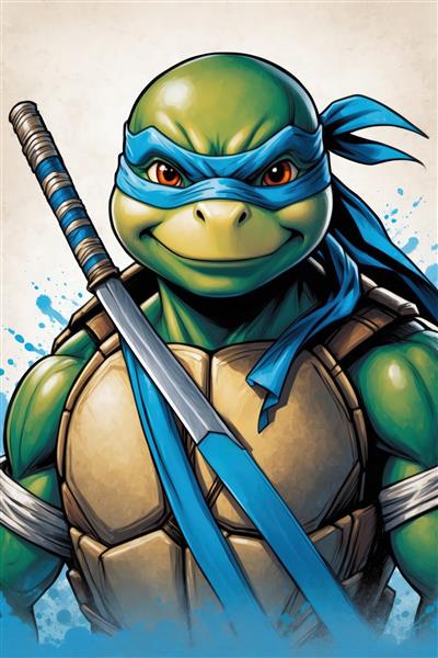 پرتره نزدیک لئوناردو لاک‌پشت نینجا با کاتانا و پس‌زمینه آبرنگ آبی