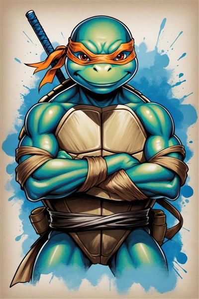 پوستر مایکل‌آنجلو لاک‌پشت نینجا با دست‌های بسته و کاتانا روی پس‌زمینه آبی